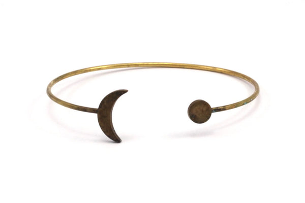 Brass Planet Cuff, 2 Raw Brass Open Bangles With Moon And Planet Ending V005