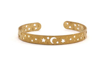 Brass Moon Stars Cuff, 2 Raw Brass Open Bangles with Moon and Stars BRC150