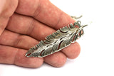 Bird Feather Pendant, 1 PC Antique Silver Plated Brass Feather Charm, Feather Pendants (67x16mm) N0173
