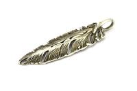 Bird Feather Pendant, 1 PC Antique Silver Plated Brass Feather Charm, Feather Pendants (67x16mm) N0173