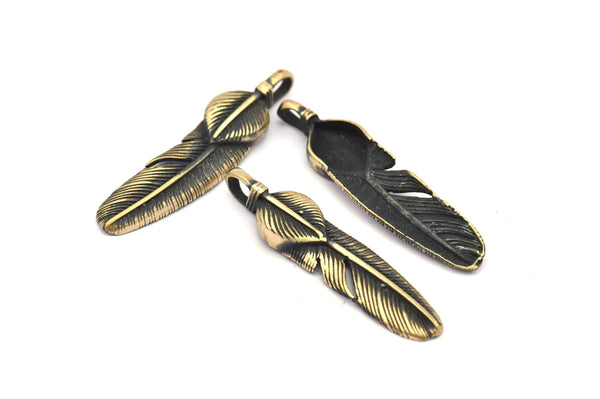Bronze Feather Pendant , 3 Oxidized Bronze Feather Charms, Necklace Findings (35x8.5mm) S568