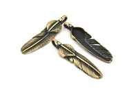 Bronze Feather Pendant , 3 Oxidized Bronze Feather Charms, Necklace Findings (35x8.5mm) S568