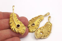 Wide Feather Pendant, 2 Raw Brass Feather Charms, Feather Pendants (50x20mm) N0175
