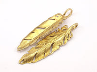 Bird Feather Pendant, 1 PC Raw Brass Feather Charm, Feather Pendants (67x16mm) N0173