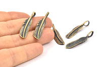 Bronze Feather Pendant , 3 Oxidized Bronze Feather Charms, Necklace Findings (37x7.5mm) S572