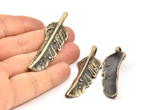 Bronze Feather Pendant , Oxidized Bronze Feather Charms, Necklace Findings (63x17mm) S571