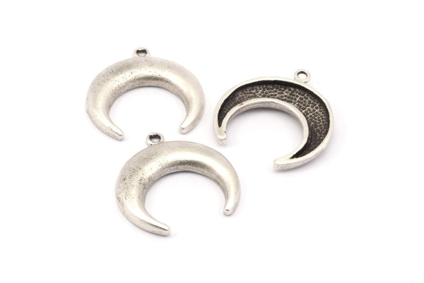 Silver Moon Charm, 2 Antique Silver Plated Brass Horn Charms, Pendant, Jewelry Findings (27x8.30x4mm) N0299 H0075