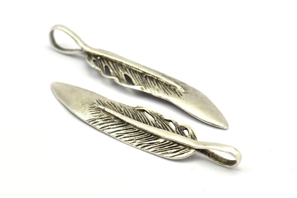 Minimalist Feather Pendant, 4 PC Antique Silver Plated Brass Feather Charm, Feather Pendants (51x11.5mm) N180