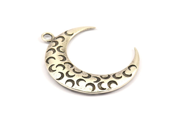 Silver Moon Charm, 2 Antique Silver Plated Brass Textured Horn Charms, Pendant, Jewelry Finding (36x10.60x3.40mm)  N0204