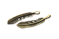 Bronze Feather Pendant , Oxidized Bronze Feather Charms, Necklace Findings (51x11mm) S559