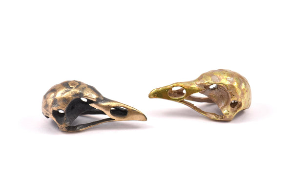 Tiny Bird Skull,  2 Solid Bronze and Oxidized Bronze Bird Skull Pendant (25x12x11mm) N0343