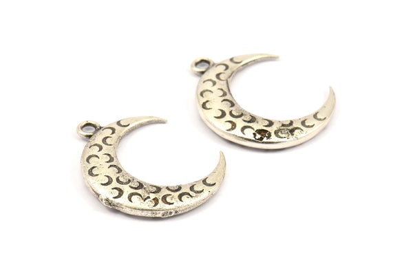 Silver Moon Charm, 1 Antique Silver Plated Brass Textured Horn Charms, Pendant, Jewelry Finding (27x8x3.50mm) N0203