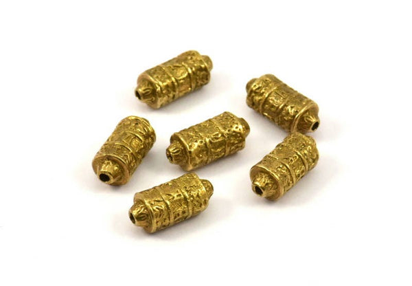Brass Long Beads, 6 Raw Brass Long Beads with Textures (5x12mm) N0258