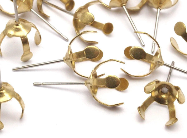 Stainless Steel Earring Post, 24 Stainless Steel Earring Posts With Raw Brass 10mm Pad Bs 1264