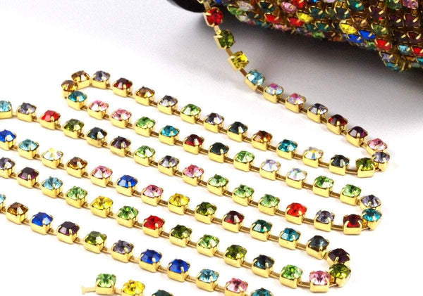 Colourful Crystals Chain, 3.3 Feet (4.5mm) Multi Color Crystal Rhinestone Chain With Brass Frame Rh219 Z131