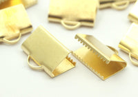 Choker End Clasp, 20 Raw Brass Ribbon Crimp Ends With Loop, Findings (16x10mm) A0637