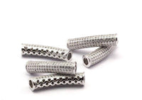 1 Silver Tone Tube , Hole Size 4mm. Cz Cubic Zirconia Micro Pave Beads 29x7mm Hole Size 4mm  B-3