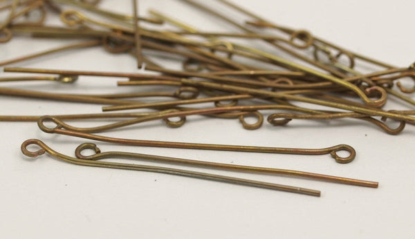 Vintage Beading Pin, 100 Raw Brass Eye Pins, Findings (50mm) Brc213