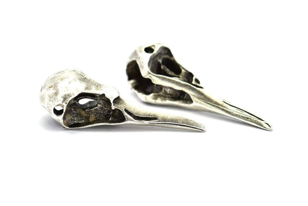 Bird Skull Charm, 2 Antique Silver Plated Brass Bird Skull Necklace Pendants, (32x11x10mm) N0492 H0443