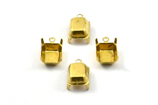 Rectangle Prong Setting, 25 Raw Brass Rectangles with 1 Loop, Prong Settings with 4 Claws (8x10mm) S618