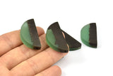 Resin&Wood Semicircle Pendant, 5 Green Black Half Moon Pendant with 2 Holes (32x16mm) X005