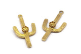 Cactus with Glass Setting, 4 Raw Brass Cactus Charms with 4mm Stone Setting, Jewelry Supplies, Findings (37x18mm) N0228