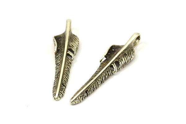 Feather Necklace Supply, 3 Antique Silver Plated Brass Feather Charms, Feather Pendants (50mm) N177