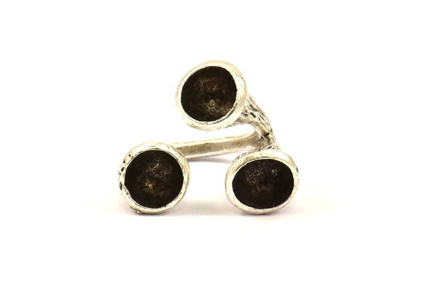 Adjustable Ring Settings - 2 Antique Silver Plated Brass Adjustable Rings with 3 Stone Setting - Pad Size 8mm N0349 H0077