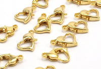 Gold Heart Clasp, 12 Bright Gold Plated Heart Lobster Clasps (12x8mm) A0819