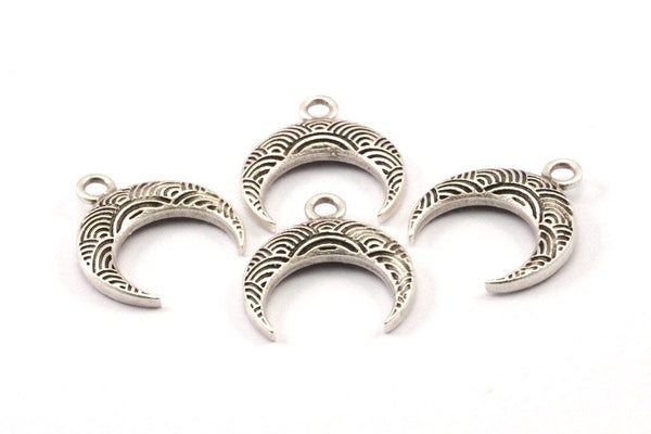 Silver Moon Charm, 4 Antique Silver Plated Brass Textured Horn Charms, Pendant, Jewelry Finding (19x6x4mm) N271