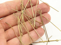 Vintage Beading Pin, 100 Raw Brass Eye Pins, Findings (50mm) Brc213