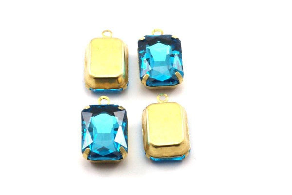 Aquamarine Glass Setting, 4 Octagon Aquamarine Glass Stones With 1 Loop Brass Prong Setting, Claw Settings (18x13mm) S602