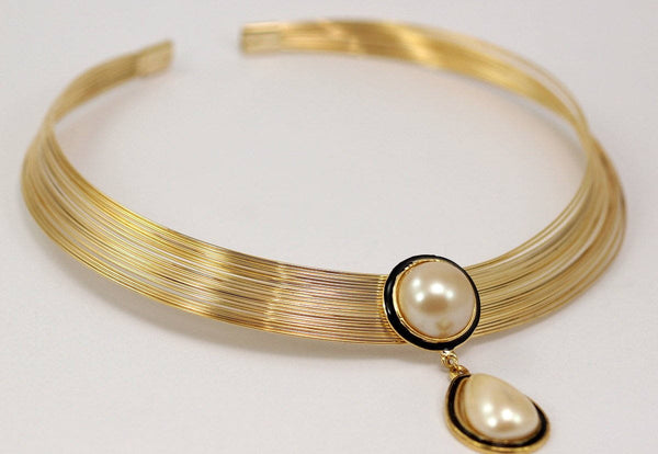 Brass Vintage Choker, Vintage Brass Collar Statement Choker - Necklace With Drop Pearl