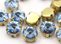 Sew On Rhinestone, 20 Ss38 Light Sapphire Rivoli Sew On Rhinestone Raw Brass Prong Settings With 4 Hole Sliders (8.1mm)