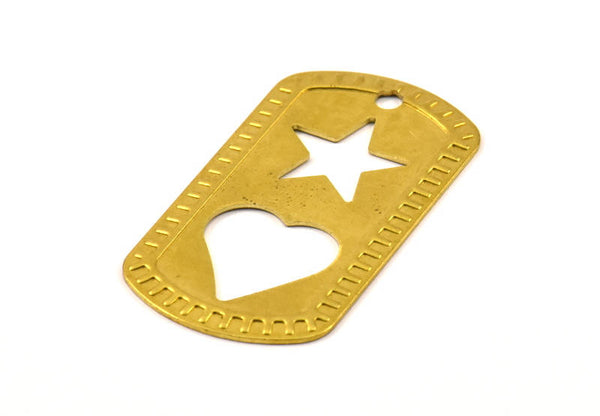 Heart And Star Necklace, 6 Raw Brass Military Tags, Heart And Star (50x28x0.80mm) Mt9