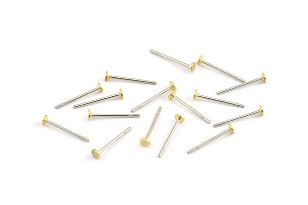 Earring Post Stud, 100 - 316L Stainless Steel Earring Posts With Raw Brass 2.5mm Flat Pad, Ear Studs ( BS 2226 )