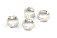 Silver Hexagon Charm, 12 Silver Tone Hexagon Ring Charms With 2 Holes (12x5x1mm) BS 2154