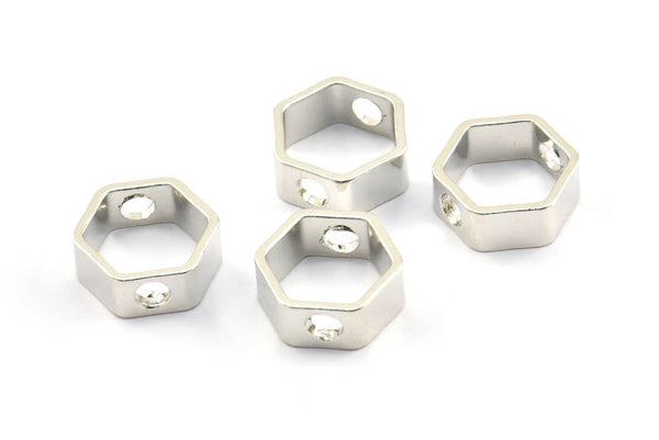 Silver Hexagon Charm, 12 Silver Tone Hexagon Ring Charms With 2 Holes (12x5x1mm) BS 2154