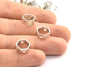 Silver Hexagon Charm, 12 Silver Tone Hexagon Ring Charms With 2 Holes (12x5x1mm) BS 2154