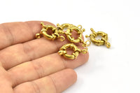13mm Spring Ring Clasps, 12 Raw Brass Round Spring Ring Clasps with 2 Loops (13mm) BS 2359