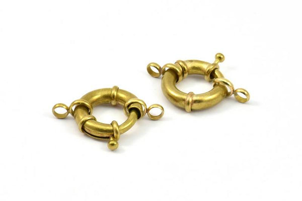 21mm Spring Ring Clasps, 6 Raw Brass Round Spring Ring Clasps with 2 Loops (21mm) BS 2363