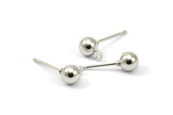 Silver Earring Finding, 50 Earring Posts with Silver Tone Brass Ball Pad and 5mm Hole Hook A0487