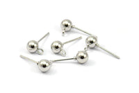 Silver Earring Finding, 50 Earring Posts with Silver Tone Brass Ball Pad and 5mm Hole Hook A0487