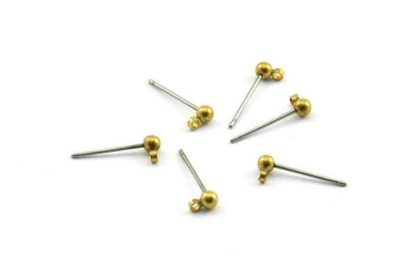 50 Earring Posts with Raw Brass Ball Pad and 3 mm Hole Hook BS 1798
