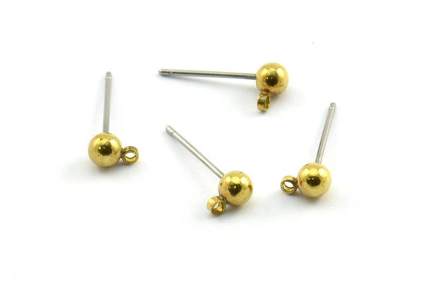 50 Earring Posts with Raw Brass Ball Pad with 4 mm Hole Hook BS 1799