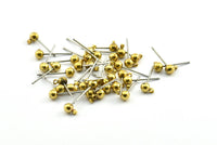 50 Earring Posts with Raw Brass Ball Pad and 4 mm Hole Hook BS 1799