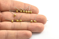 50 Earring Posts with Raw Brass Ball Pad with 4 mm Hole Hook BS 1799