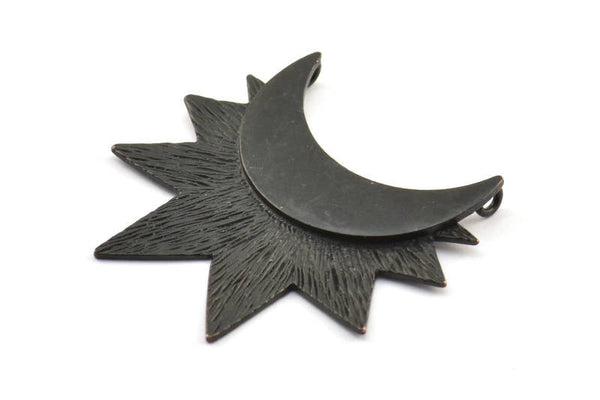 Black Moon and Sun, 1 Oxidized Brass Black Crescent Moon and Sun Ethnic Pendants with 2 Loops, Findings, Charms (36.5x41x0.9mm) U133 S294