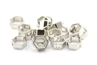 Silver Hexagon Charm, 12 Silver Tone Hexagon Ring Charms With 2 Holes (12x5x1mm) BS 2154