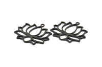 Lotus Flower Pendant, 2 Oxidized Brass Black Hammered Lotus Flower Textured Pendants With 1 Loop, Earrings, Charms(35x31x1.5mm) BS 1919 S348